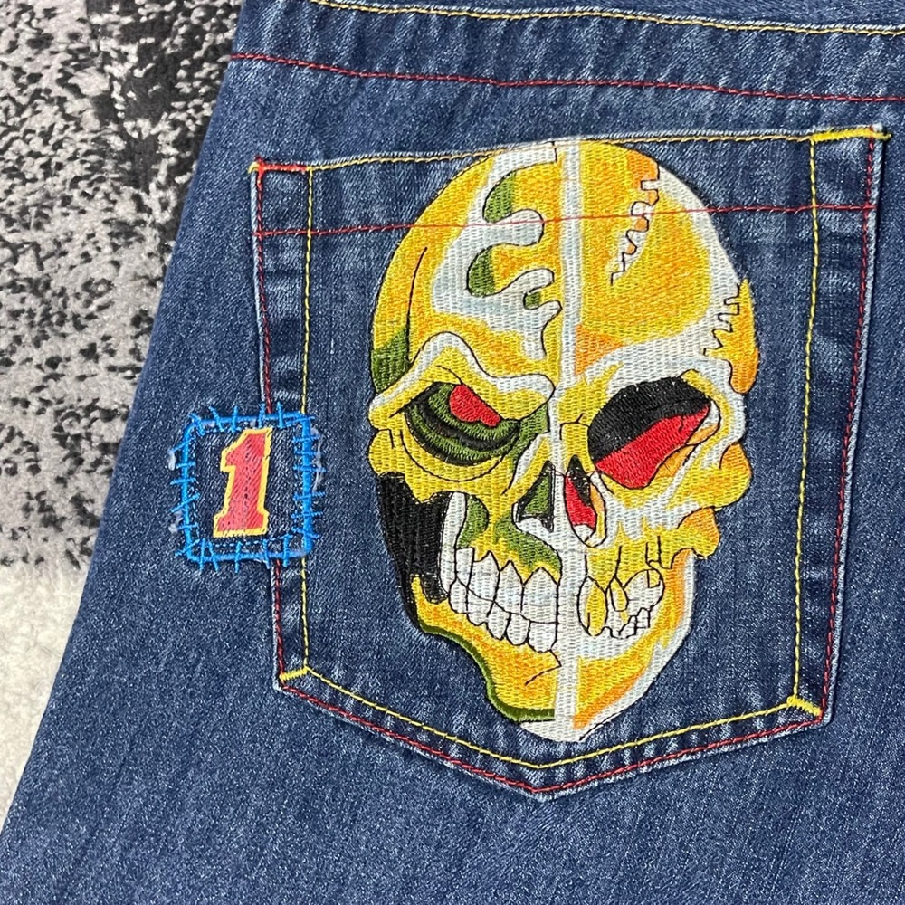 Pepe Jeans Denim Shorts Mens 34 Blue Embroidered Skull Y2K Cut Off distressed